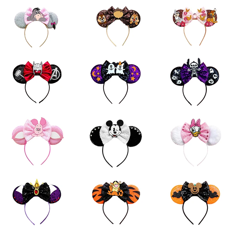 

Disney Minnie Mouse Ears Headbands Halloween Hair Accessories for Girl Adult Kids Kawaii Sequin Bows Cosplay Party Hairband