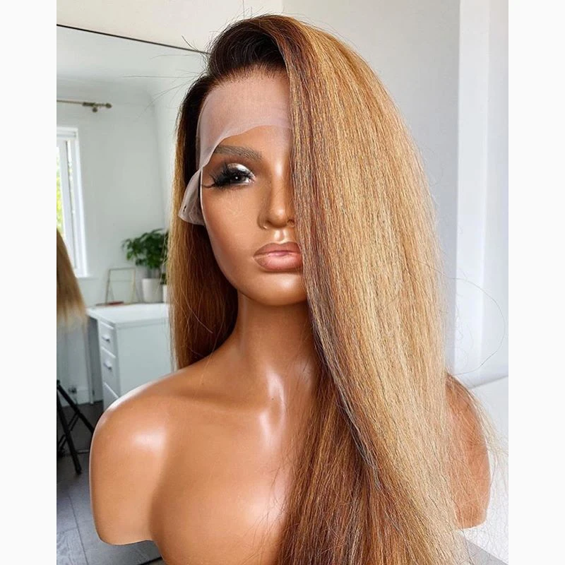 

180 Density 26 Inch Long Ombre Blonde Yaki Kinky Straight Full Lace Wig For Black Women European Remy Human Hair Soft Jewish Wig
