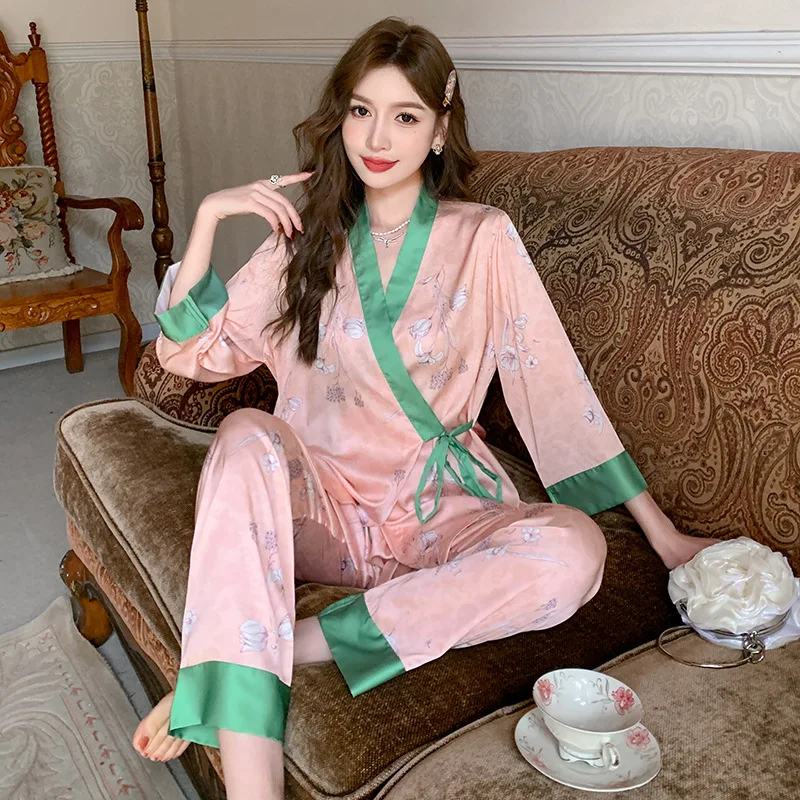 

Jxgarb Spring New Satin Floral Print V Neck Kimono Style Pyjamas Sets Loose Top Two Pieces Long Sleeve Pants Pajama For Women