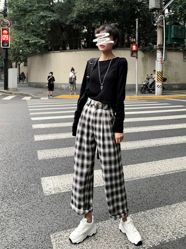Женские клетчатые брюки в Корейском стиле HOUZHOU черные и белые свободные клетку