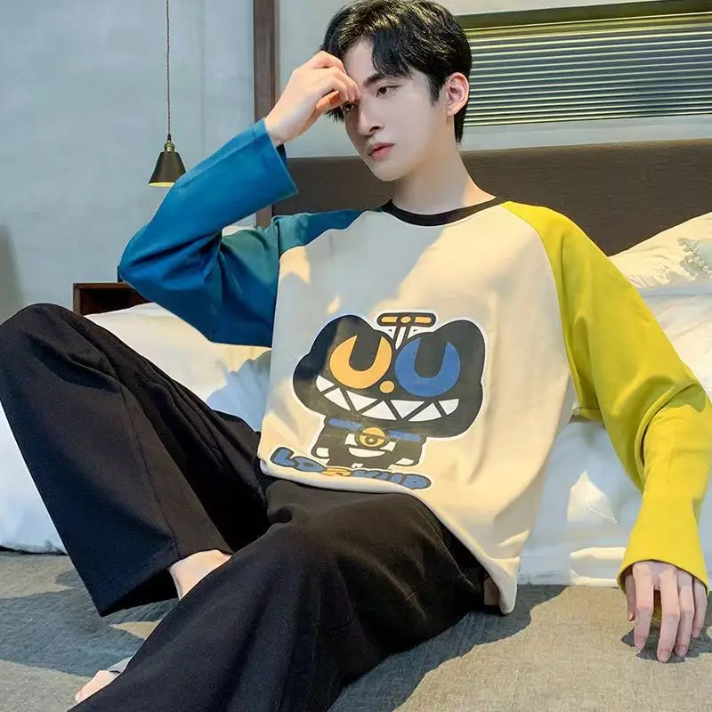 Spring Autumn Pajama for Men Nightwear 2pcs Casual Homesuit Long Sleeves Cartoon Dinosaur Printed Pijama for Young Man Leisure