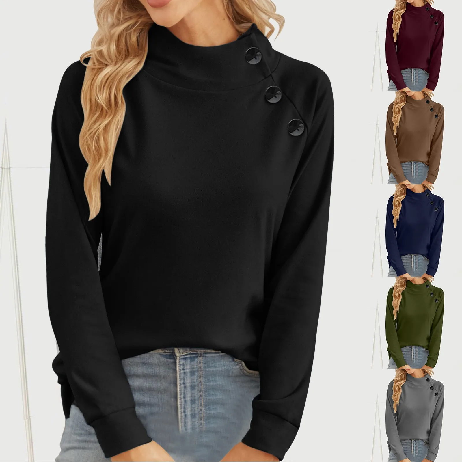 

Женские толстовки свободного кроя, водолазка с длинным рукавом, топ 2023, приталенные рубашки, облегающая Базовая футболка, пуловер с круглым вырезом и пуговицами, рубашки, блузы