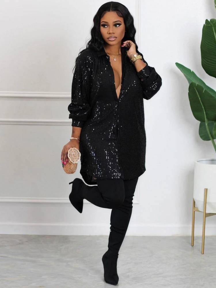 

2023 Spring Women Sequins Dress Ladies Casual Slim Office Retro Elegant Turn-down Collar High Waist Long Sleeve Party Dresses