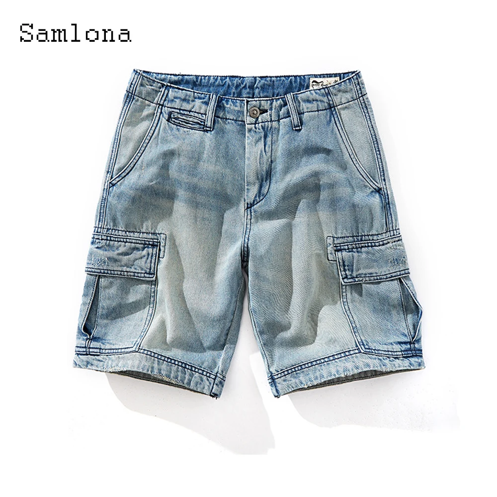Samlona Plus Size Men Fashion Denim Shorts Mid Waist Men's Casual Shorts Vintage Stand Pocket Short Jeans Male Summer Hotpants