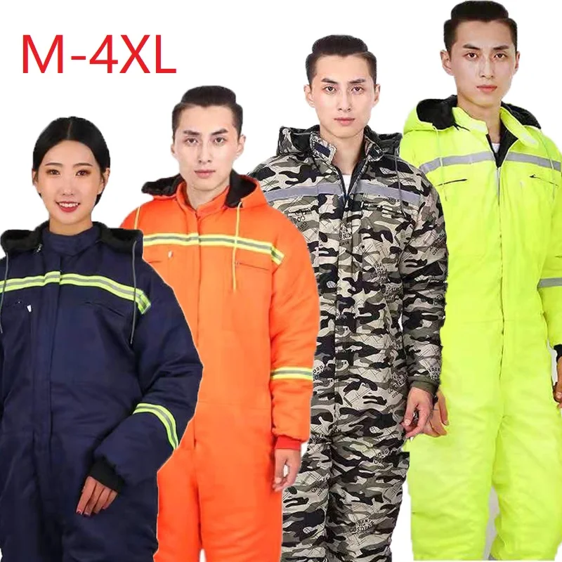 

Winter Overalls Warm Cotton Padded Hooded Work Clothing Reflective Cold Storage Fishing Outdoor Jumpsuit Coats Working Coveralls