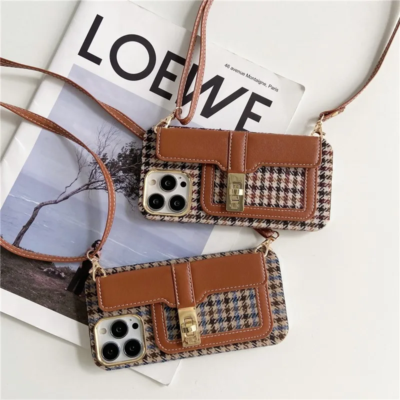 

Fashion Luxury Card Holder Grid Pattern Weave Hard Case For Iphone 11 12 13 Pro Max 7 8 Plus Xr X Xs With Lanyard Cover Fundas