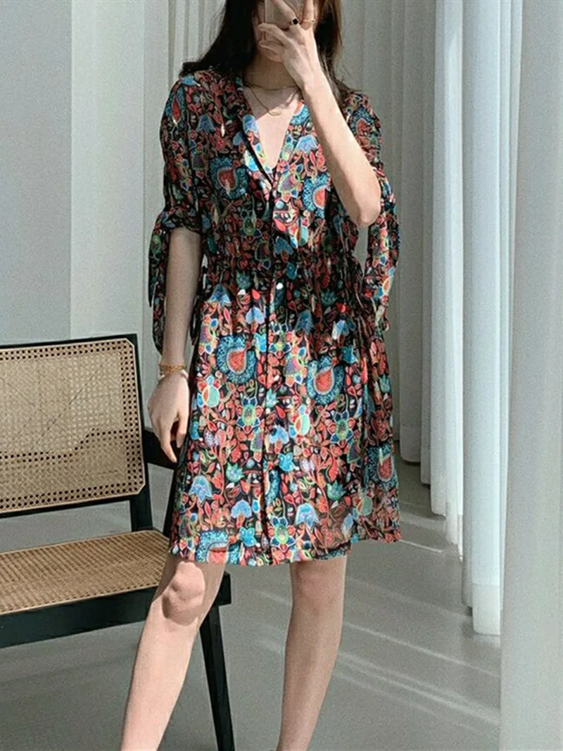 

Women Printing Viscose Short Dress Drawstring V-neck Female Mini Dresses 2022 Summer new