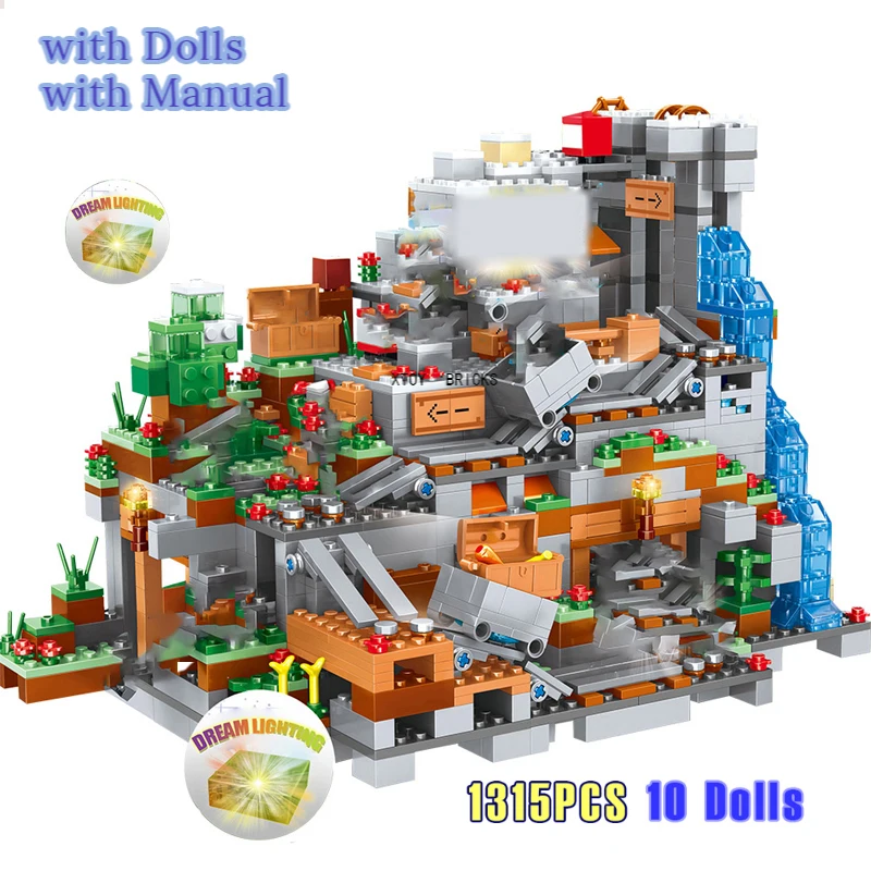 

1315PCS Compatible 21137 My World Building Blocks Mountain Cave Elevator Village Figures Module Bricks DIY Toys for Children