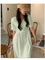 large size white green hook flower gentle dress puff sleeve 4xl loose waist v neck casual summer clothes for women