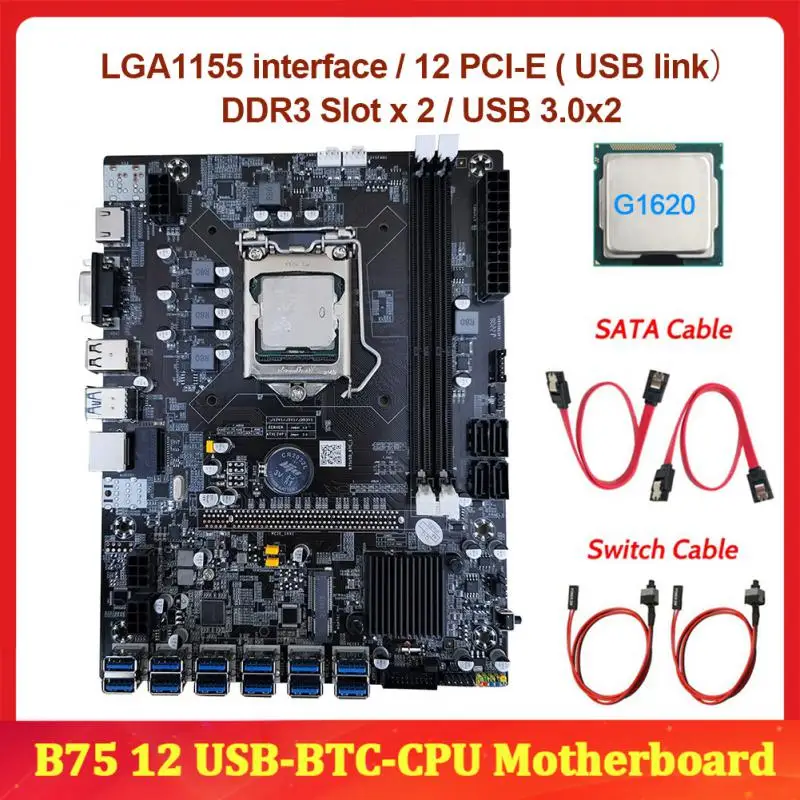 NEW-B75 BTC Mining Motherboard+G1620 CPU+SATA Cable LGA1155 8XPCIE USB Adapter DDR3 MSATA B75 USB BTC Miner Motherboard