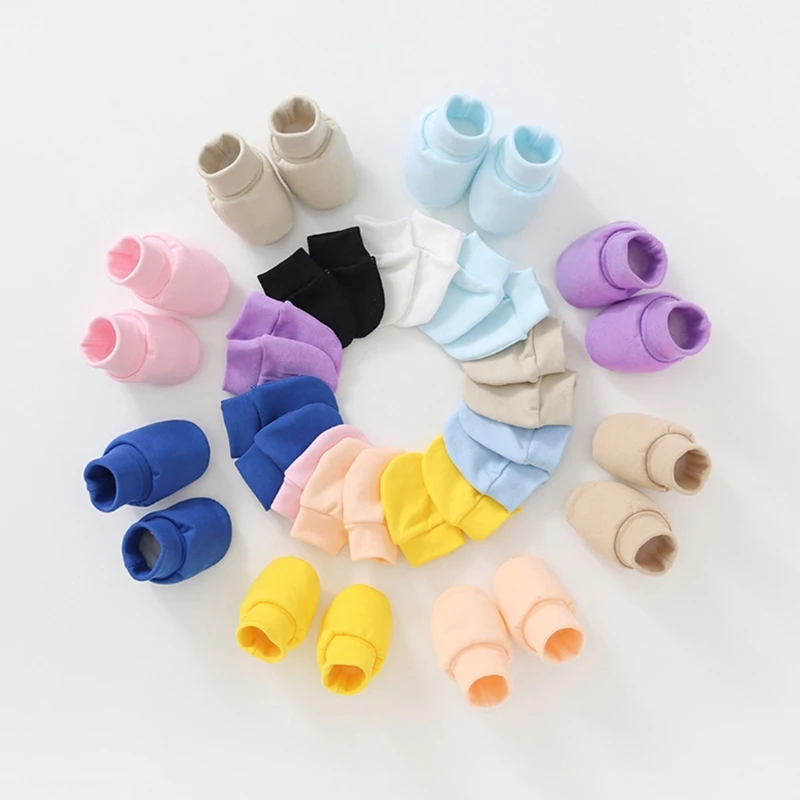 

Baby Solid Color Mitts for Toddler Infants Soft Cotton Comfy No Scratch Mittens Ankle Socks Turban Beanie Cap