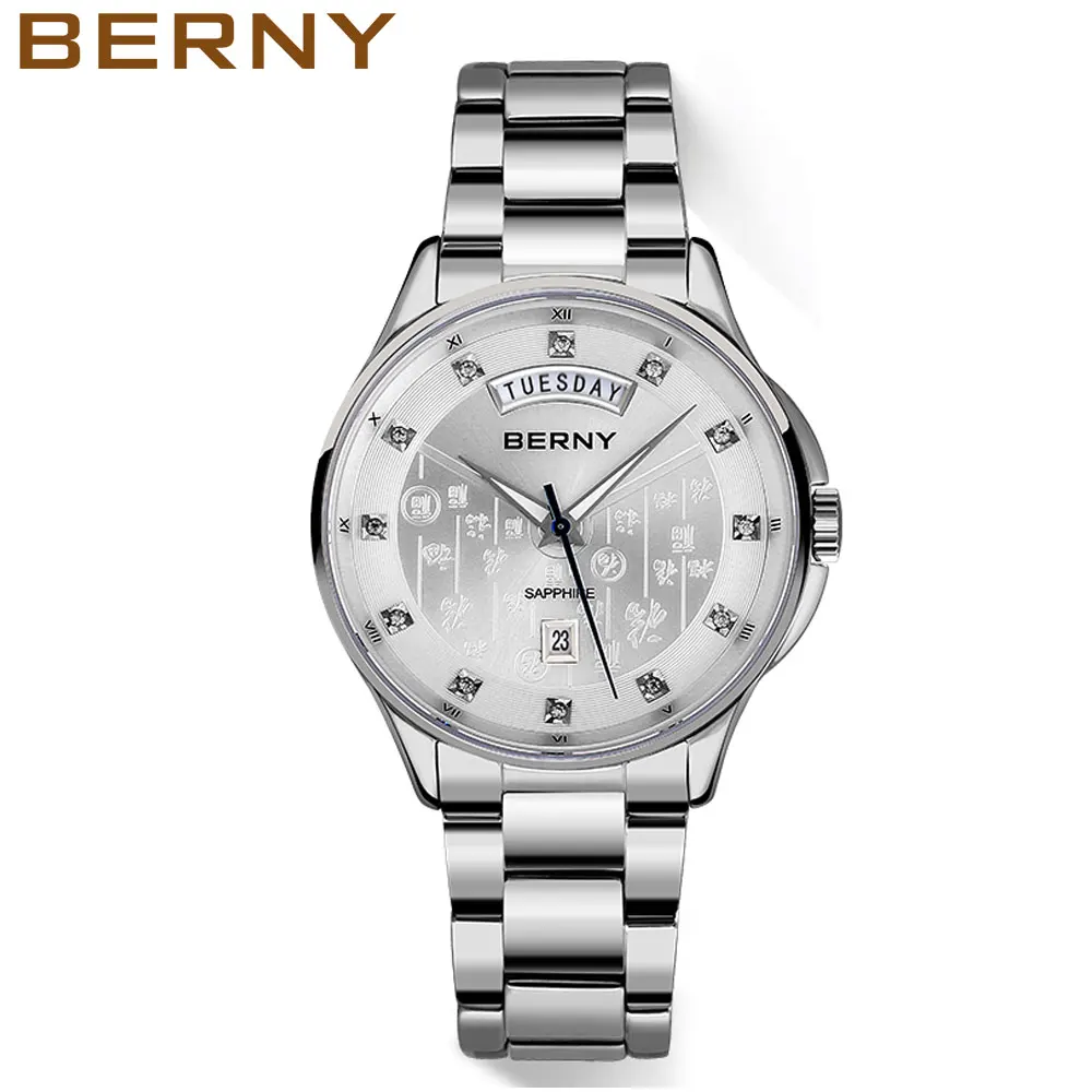 BERNY Business Quartz Men Watch Sapphire Crystal Clock Day-Date Display Watch Whole Stainless Steel Wristwatch 3ATM Waterproof