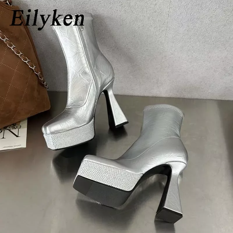 

Eilyken Sliver Crystal ​Women Ankle Boots Fashion Platform Square High Heel Ladies Shoes Elegant Short Booties Pumps