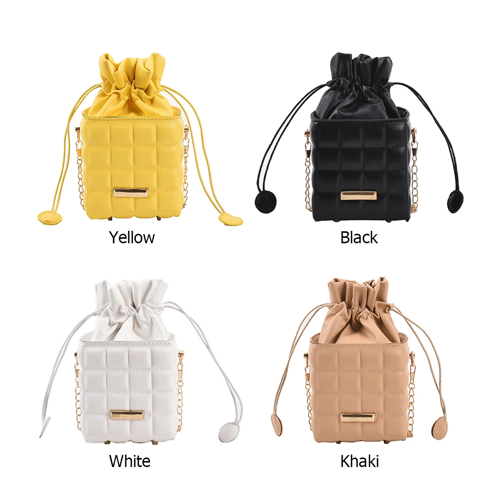 

Women PU Checker Drawstring Chain Messenger Bag Vintage Solid Color Cube Purse