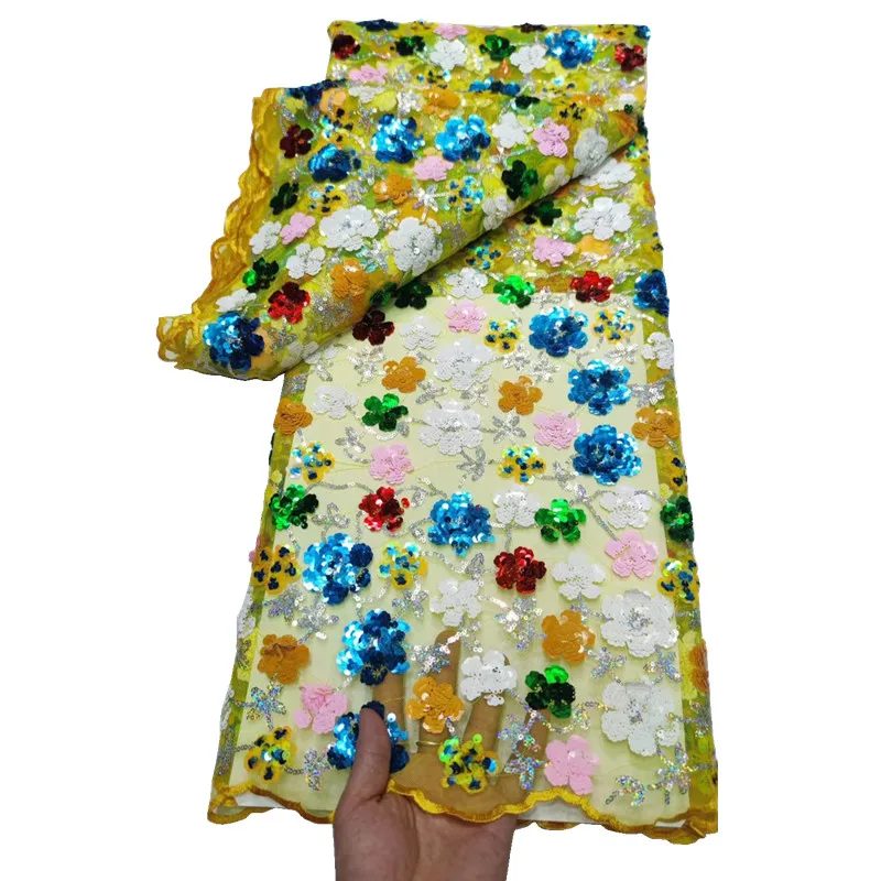 

2022High Quality Classic Soft Elegant Mixed Colors Sunflower Latest Tulle Sequins Lace Fabric For Wedding Party Dress KK589_R
