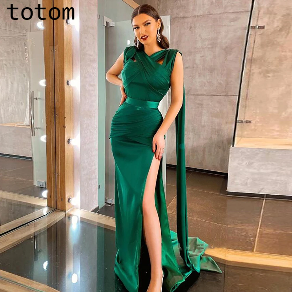 Arabian Long Pleated Satin Evening Dress High Side Split Fishtail Skirt Emerald Green Prom Women's Evening Dress