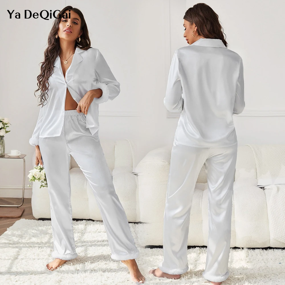 Long Sleeve Long Pant 2-pieces Suit White Bridesmaid Pajamas Evening Dress Satin Lapel Multicolor Elasticity Womens Pajamas Sexy
