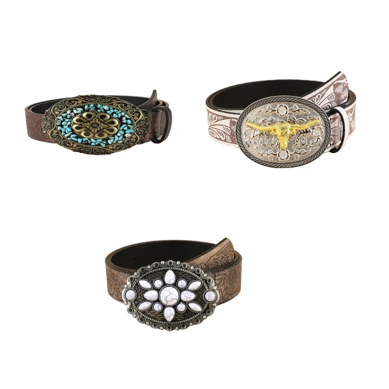 

Ремень мужской/женский с выгравированной винтажной пряжкой, рельефный ковбойский пояс с белым камнем для детской одежды, аксессуары