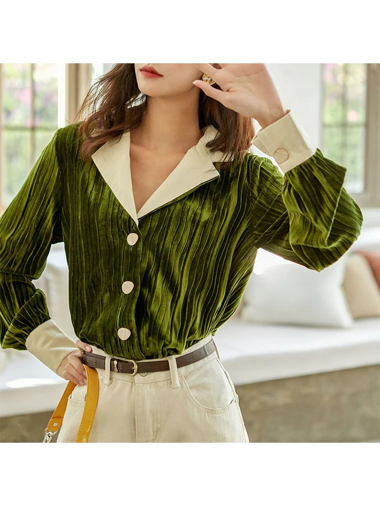 Блузка женская с длинным рукавом отложным воротником и принтом | Женская одежда