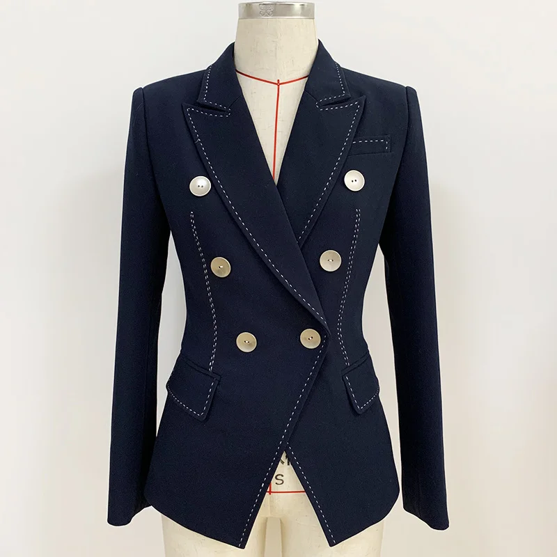 HIGH QUALITY 2023 Designer Blazer Jacket Women's Double Breasted Shell Buttons Contrast Top Stitching Slim Fitting Blazer