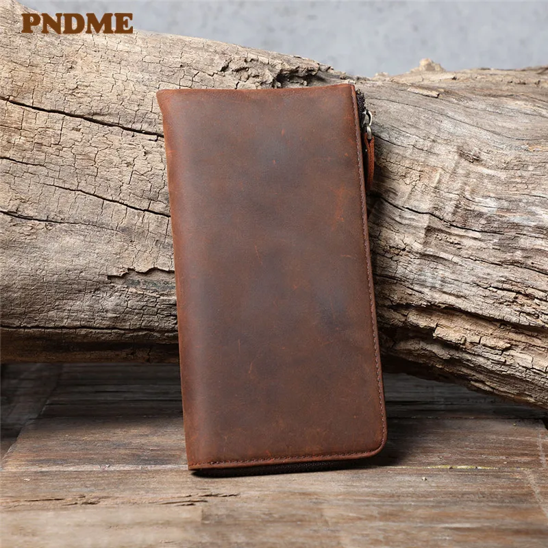 Vintage simple crazy horse cowhide men's long wallet casual natural genuine leather multi-card card holder phone clutch purse