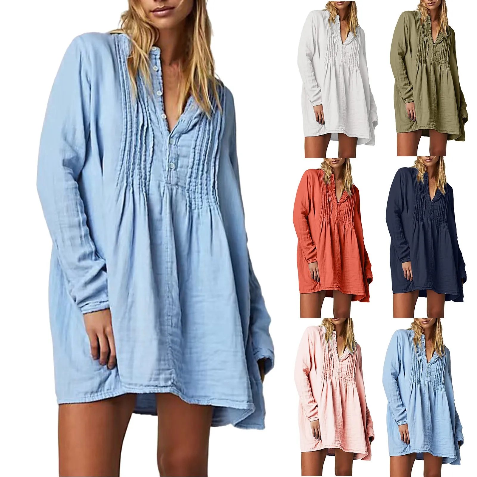 

Офисное платье для женщин, Осеннее Плиссированное Платье-туника с полупуговицами, V-образным вырезом и цветами, повседневные винтажные Мини-платья, популярный пуловер