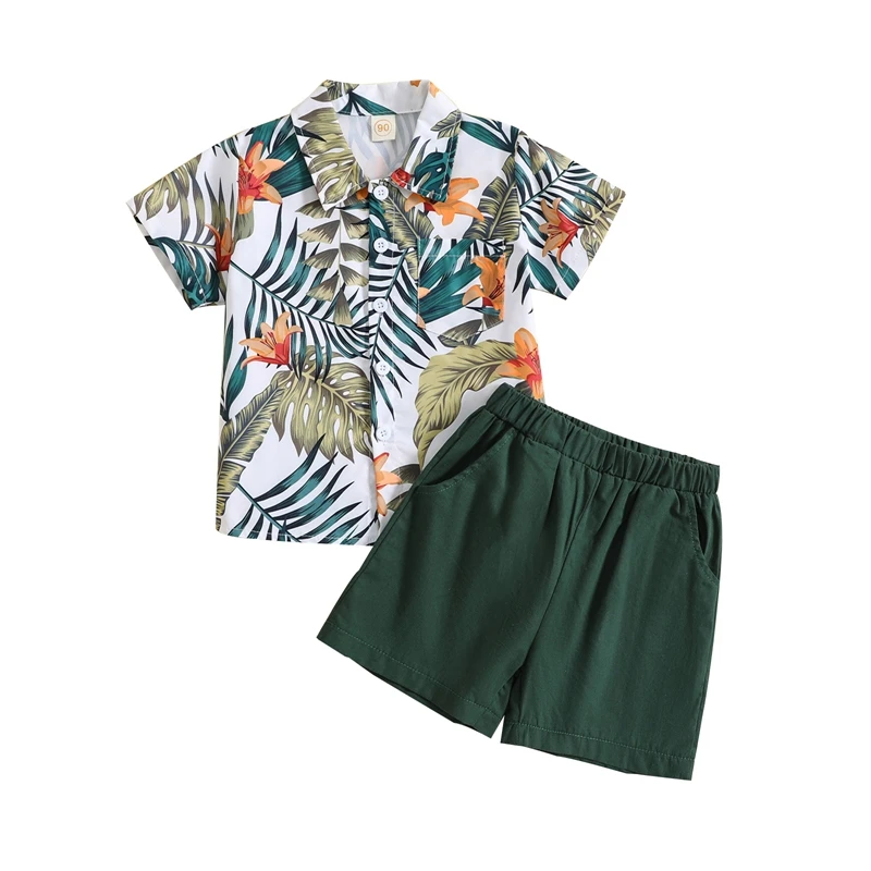 

Комплект из шорт и рубашки, с коротким рукавом и принтом листьев, с эластичным поясом