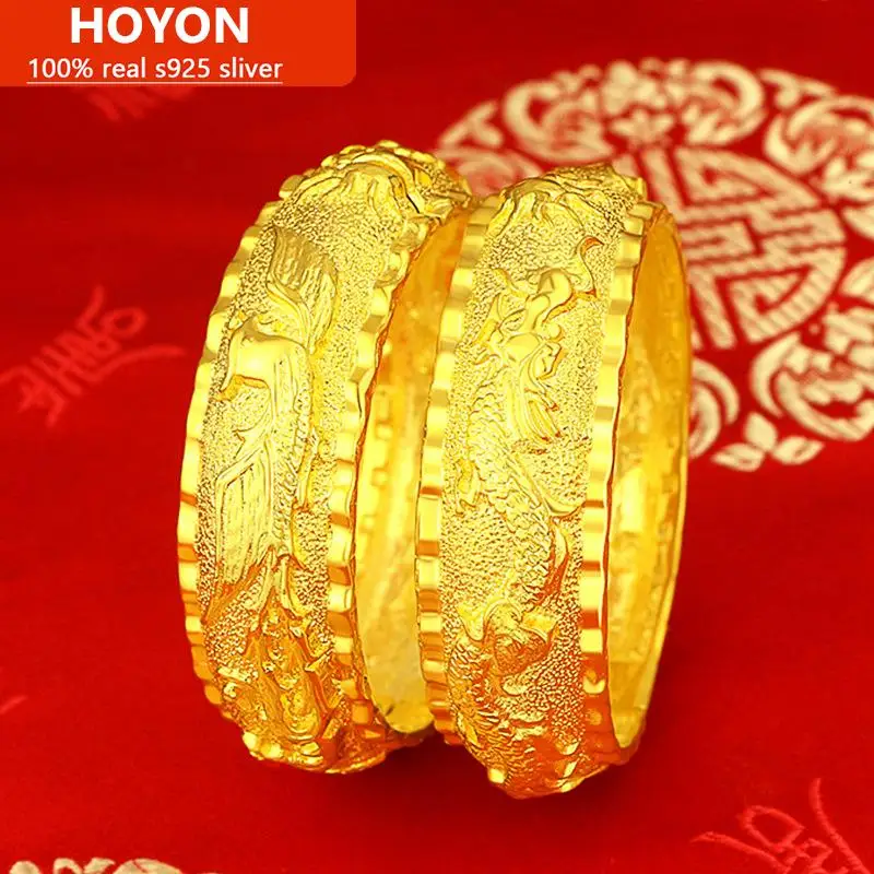 

HOYON Gold Wedding Jewelry 20mm Opening Embossed Auspicious Cloud Dragon Phoenix Centennial Haohe Bracelet Women's Jewelry