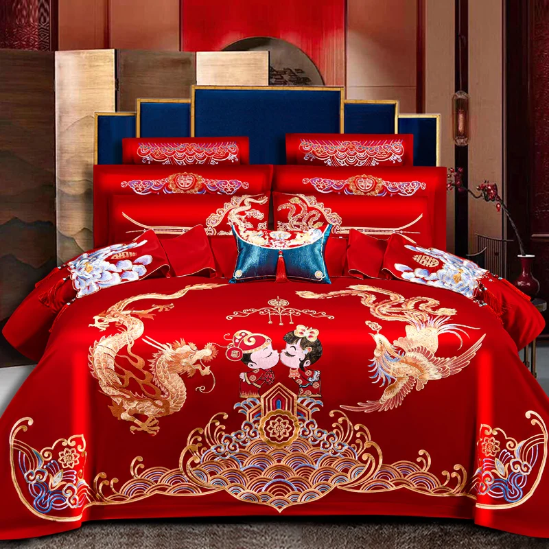 

Wedding Four-Piece Set Embroidered Dragon and Phoenix Wedding Festive Red Quilt Cover Bed Sheet Wedding Room Wedding Bedding