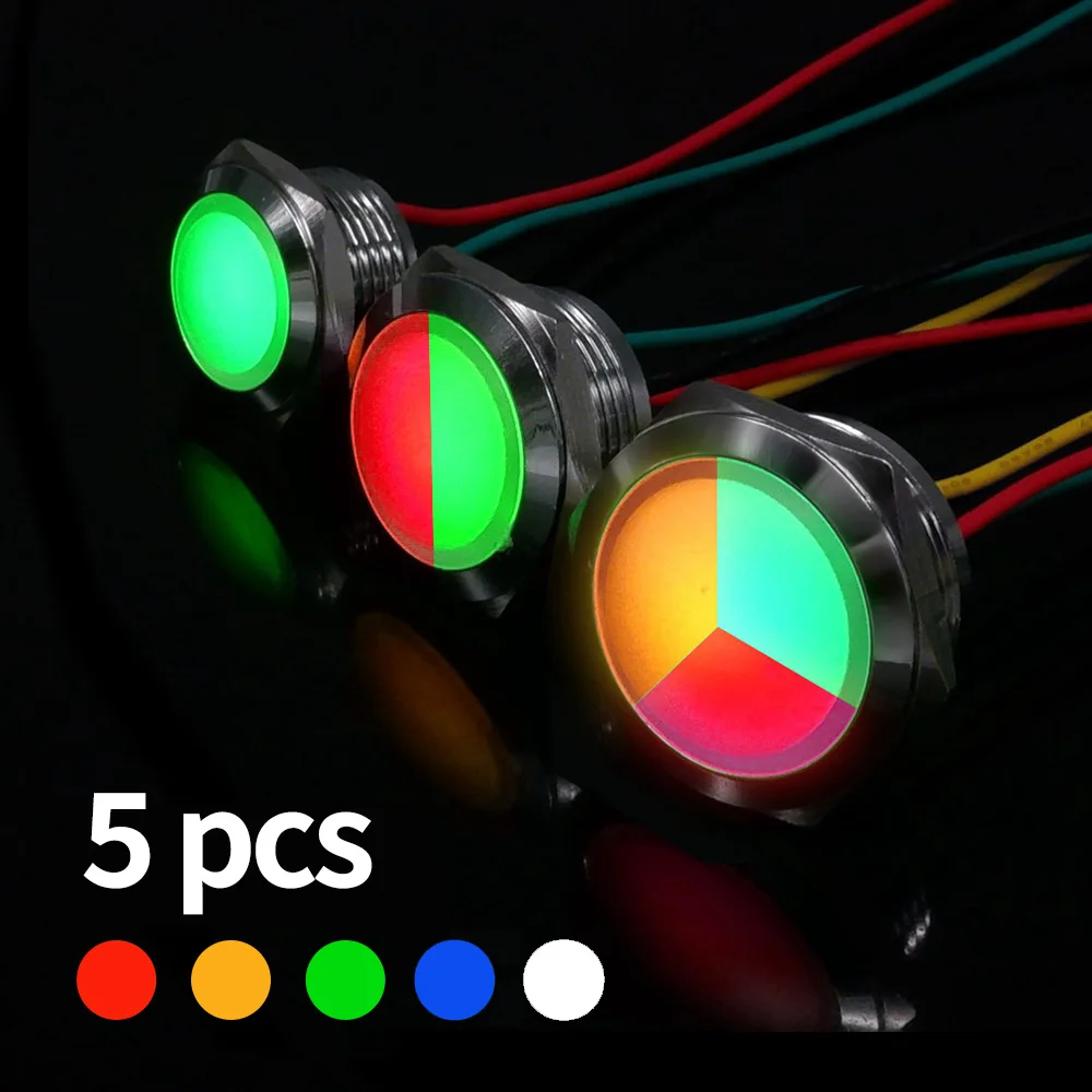 5 pcs Metal LED Indicator Light 12 16 19 22mm Warning Signal Lamp Pilot with Wire Two Three Color Red Blue Green 5V 12V 24V 220V