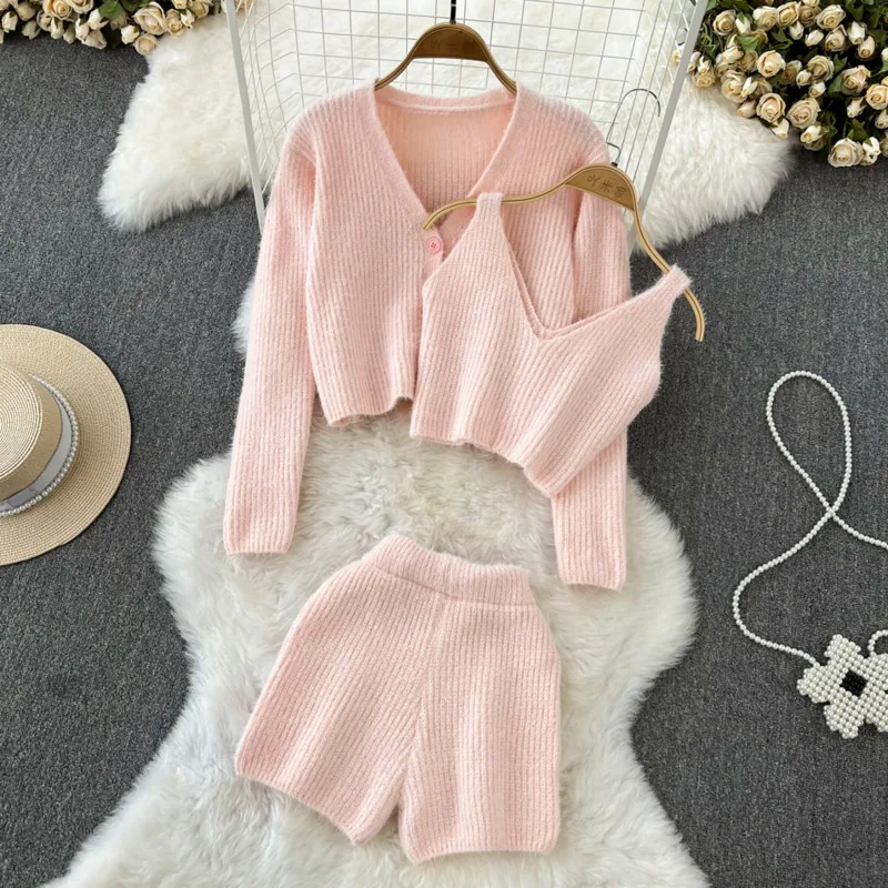 

Korean Sweet Knitted Cardigan + Camisole + Short Sets Girls Short Sweater Coat + Vest + Pant Suits Women Three Piece Outfits
