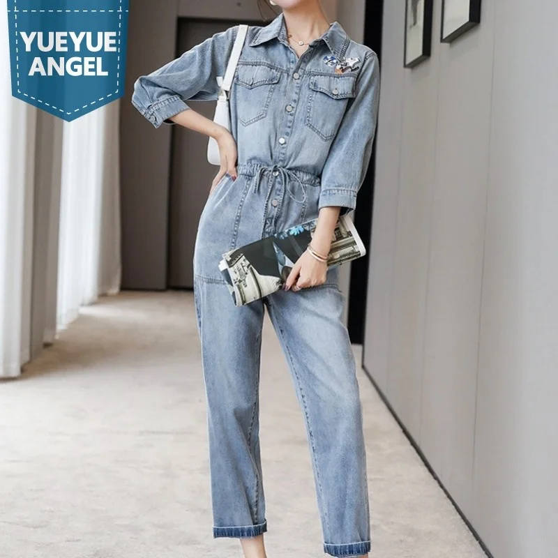Spring Women High Waist Straight Cargo Jeans Safari Style Print Long Sleeve Jumpsuits New Fashion Single Breasted Casual Rompers