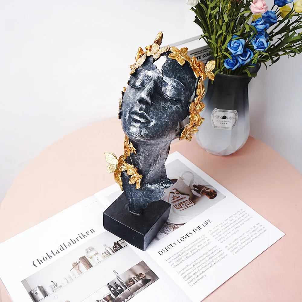 

Luxury Golden Butterfly Flower Girl's Face Resin Figures Modern Art Sculptures Figurines Nordic Decorative Ornaments Room Decor