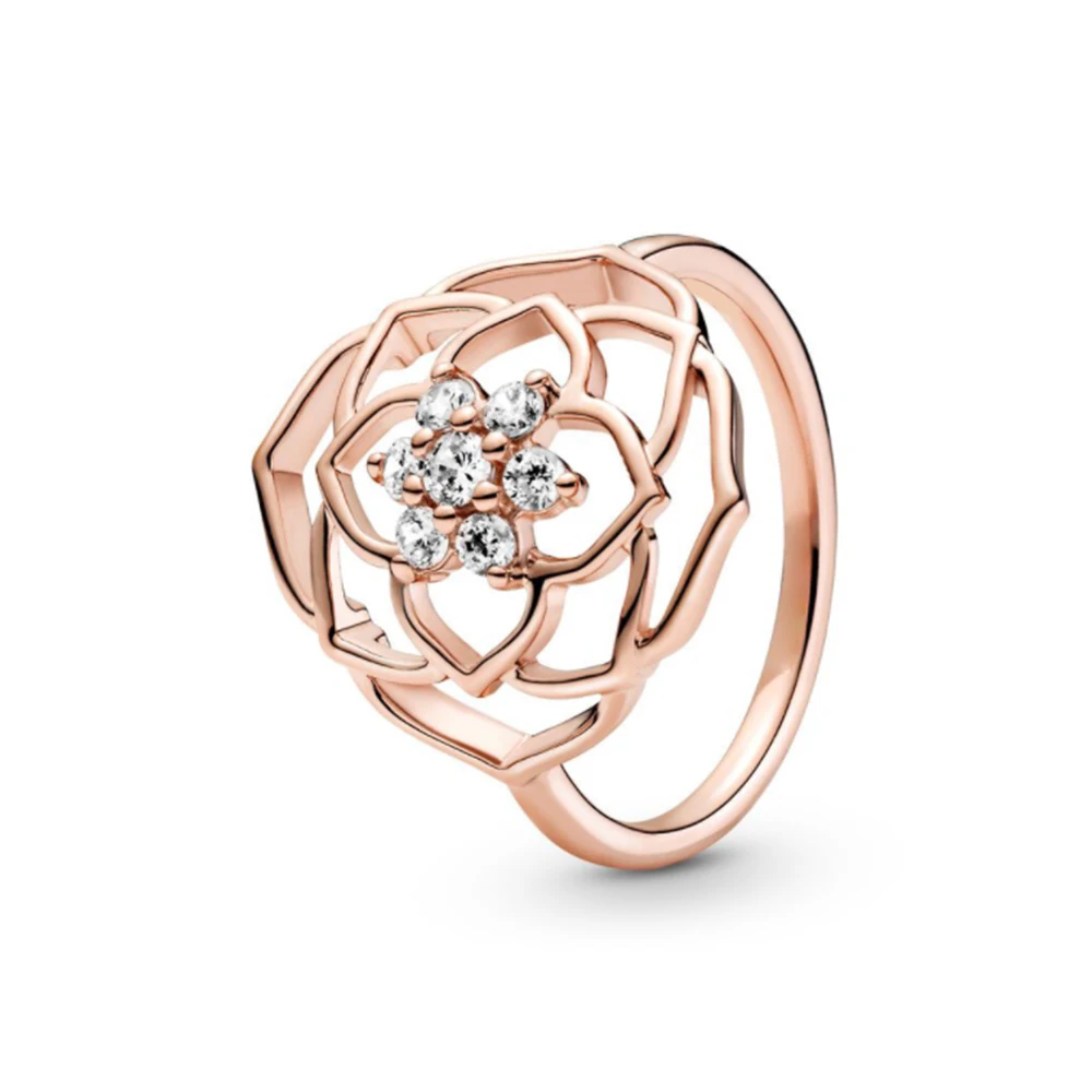 Trendy Brand Sparkling Flower Rose Ring Womens Christmas Jewelry Gift Ladies Fashion Heart & Promise Rings