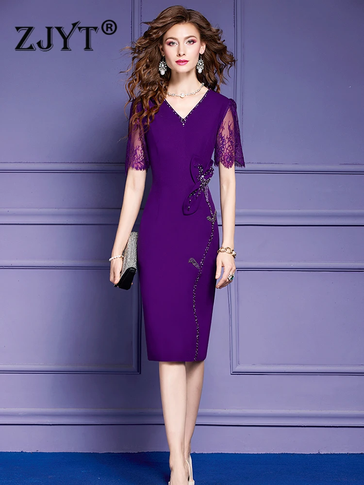 

ZJYT Elegant Luxury Beading Purple Party Dress for Special Events Women Summer Plus Size Vestido Feista Female Office Lady Robe