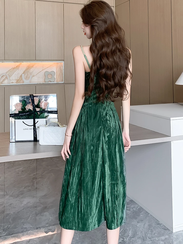 Осенне-зимнее зеленое бархатное сексуальное Клубное платье на бретельках