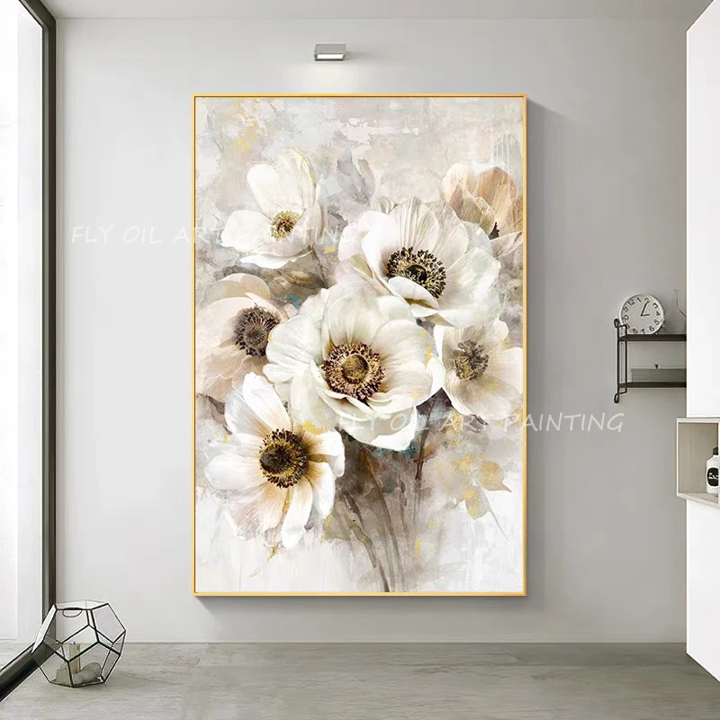 Картина маслом на стену абстрактная картина с изображением белых цветов ручная