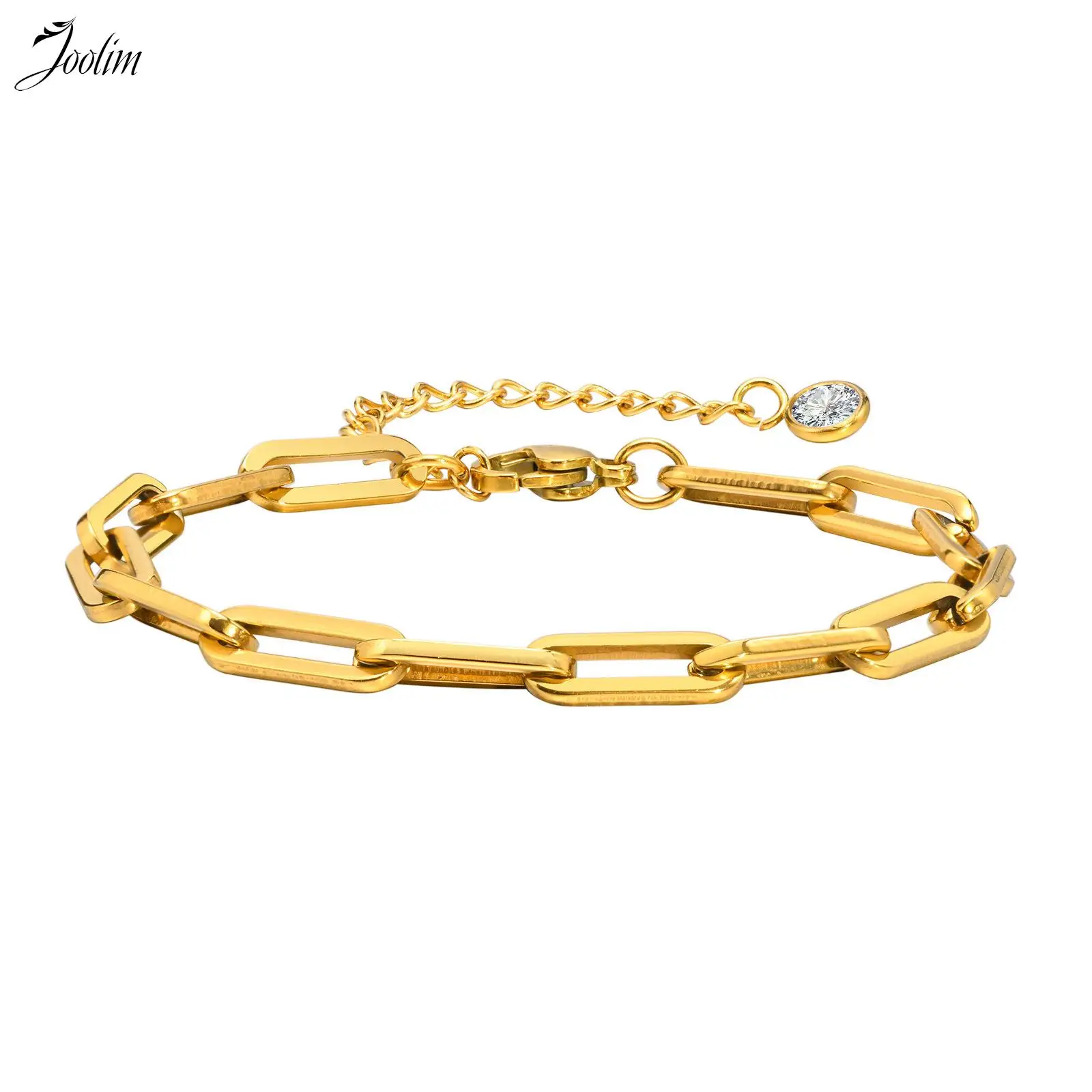 

Joolim Jewelry 18K PVD Plated Wholesale Simple Retro Geometric Pin Link Chain Zirconia Stainless Steel Bracelet for Women