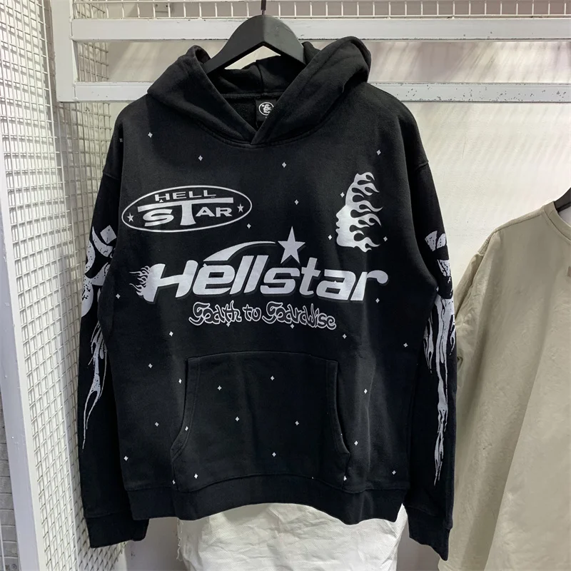 

Винтажная потертая Спортивная Толстовка Hellstar в стиле ретро с принтом для пар, осень/зима, 1:1