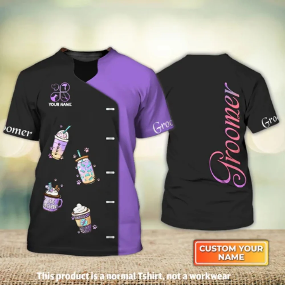 

Dog Grooming Customized Name T-shirts for Men and Women Short Sleeve Tops Uniform Pet Groomer Personalized Loose Casual Tees