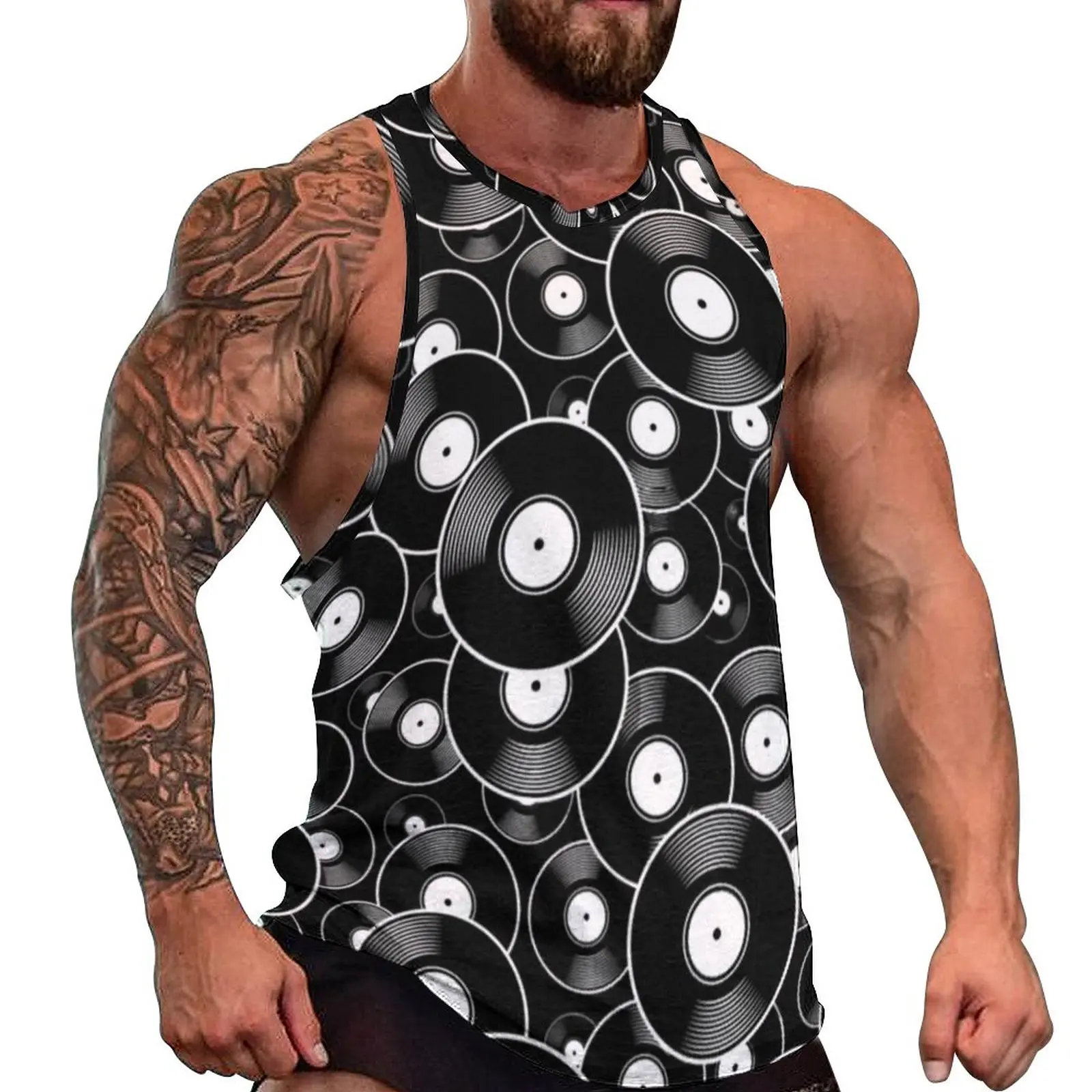 

Retro Vinyl Records Tank Top Black and White Cool Tops Daily Workout Man's Pattern Sleeveless Vests Big Size