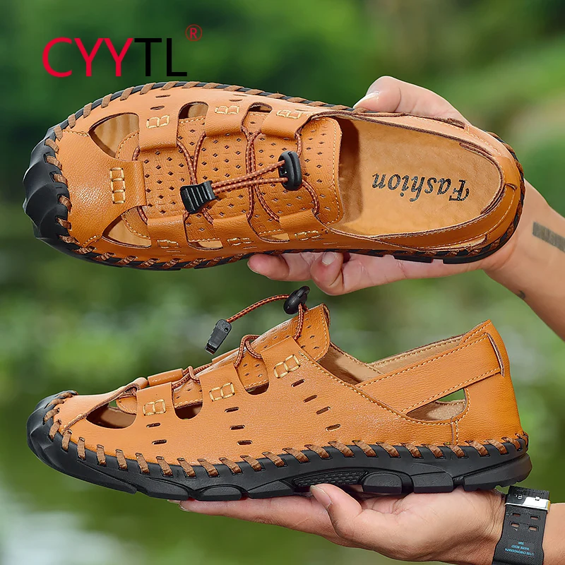 

Сандалии CYYTL мужские кожаные, Прошитые вручную, непромокаемые, с закрытым носком, для пешего туризма, занятий спортом, водные Сланцы на резин...