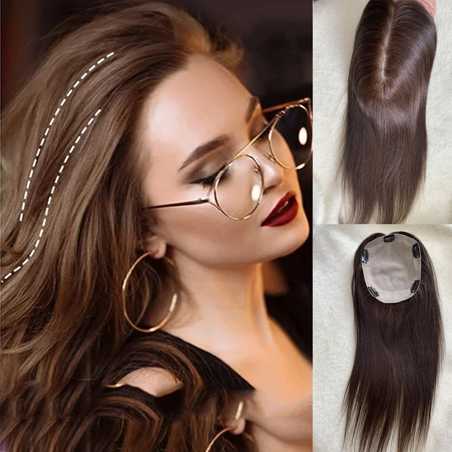 

Brown Full Silk Base Human Hair Topper for Women Straight Soft Clip in Hair Extensions Toupee Full Silk Base for Thinning Hair