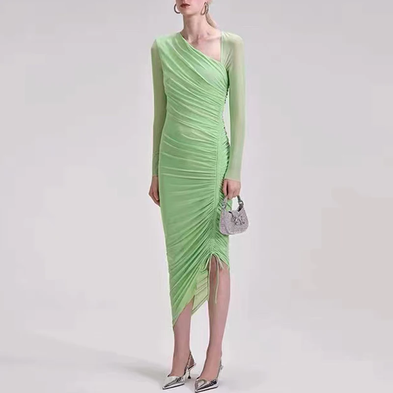 Women's Drawstring Asymmetric midi Dress Diagonal collar slim fashion dress
