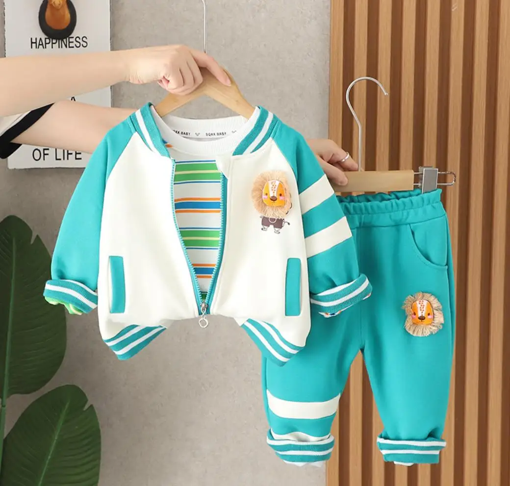 

Baby Boy Designer Clothes Autumn Tracksuits for Kids Cartoon Lion Zipper Jacket Striped Shirts Pants 3Pcs Outfits Set for Boys