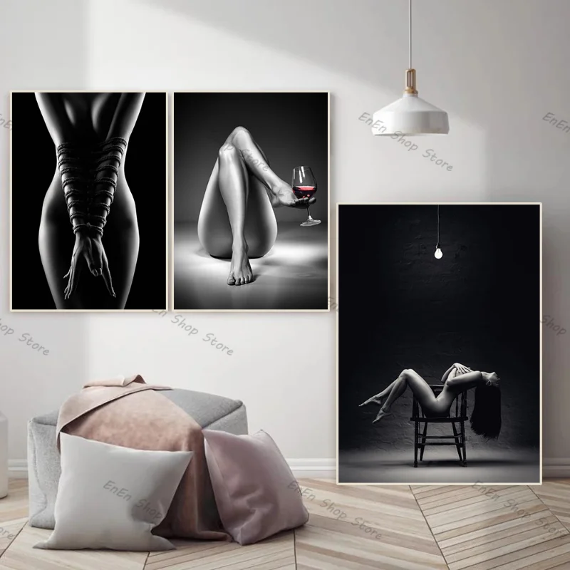 Черно-белые сексуальные обнаженные женские постеры для Тела Бондаж с кружевом