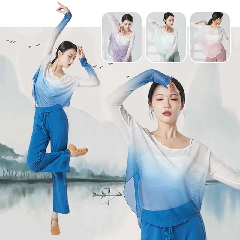 

Women Classical Dance Tops Female Elegant Gradient Chiffon Blouse Shirts Performance Costume Yoga Modern Dancer Wear Clothes
