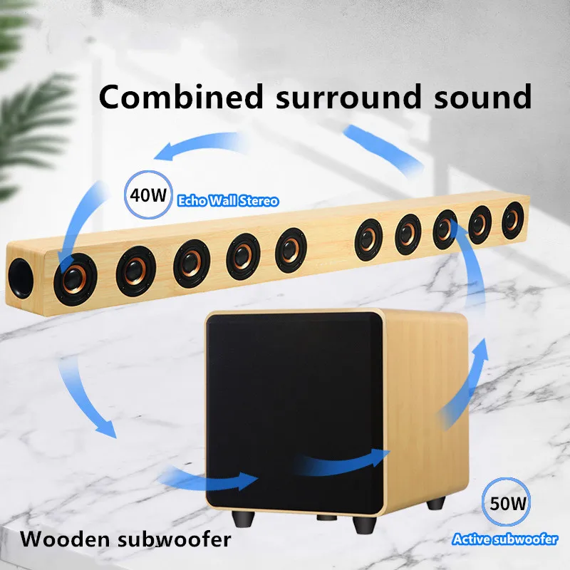

High-power wooden long-line whispering wall bluetooth speaker for TV home theater system audio with subwoofer remote control