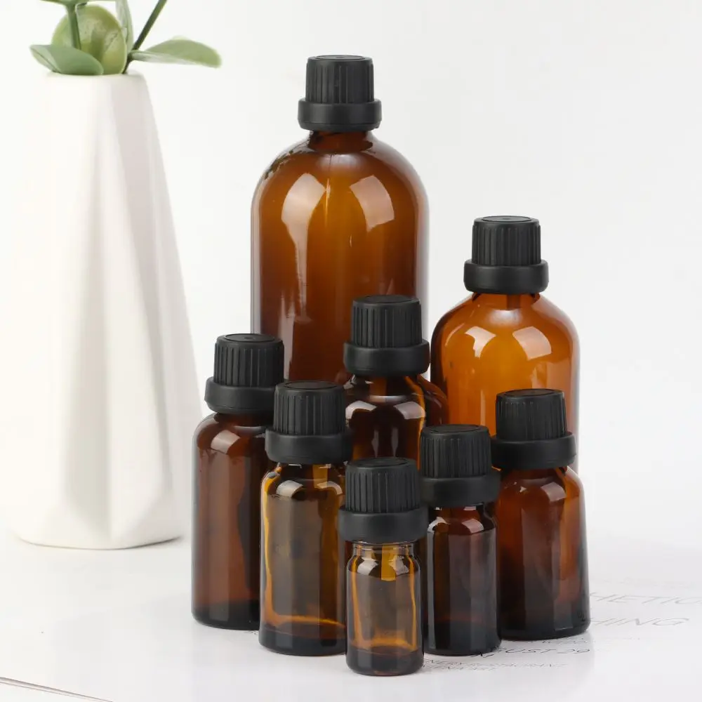 

5-200ml Amber Glass Essential Oil Sample Refillable Bottles Vials with Orifice Cap for Liquid Perfume Aromatherapy Container
