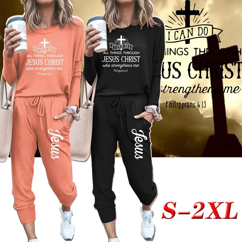 

New Women's Jesus Christ Print Sportswear Suit Ladies Tracksuit Pullover Hoodies Trousers Set Long-sleeved Jogging Tops + Pants